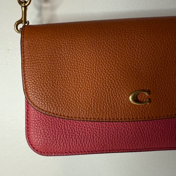 Hayden Crossbody Bag In Colorblock Brass/Watermelon Pink & Brown Pebbled Leather - Picture 3 of 9